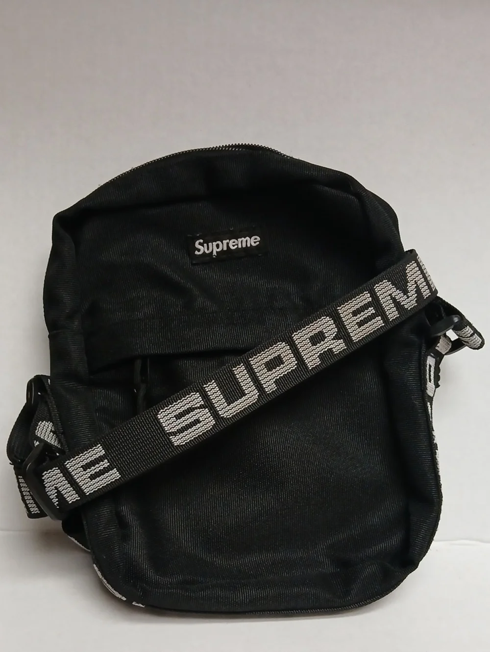 Supreme Black Crossbody Bag with White Logo Strap